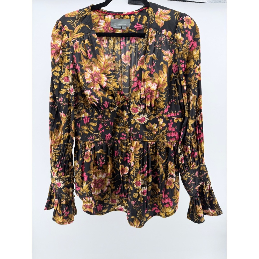 Anthropologie Black‎ Floral Boho M Whimsigoth Peasant Bell Sleeve Romantic Top